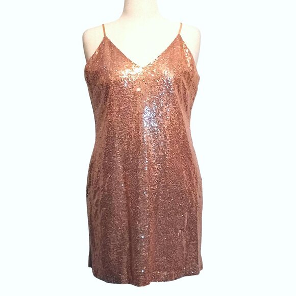 NEW Bar III Rose Gold Metallic Mini‎ Slip Dress Adjustable Spaghetti Straps L - Picture 1 of 15